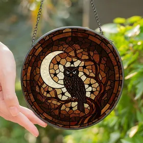 Mystic Nature Lovers' Black Owl Tiffany Style Stained Glass Mosaic Night Sky Amber Tones Stained Glass Suncatcher