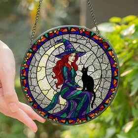 Fantasy Art Lovers' Intricate Stained Glass Witch Moon Black Cat Mosaic Jewel Tone Edge-to-Edge Design Stained Glass Suncatcher