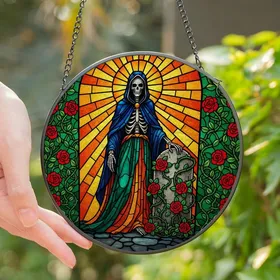 Mystical Aesthetic Lovers' Jewel Tone Stained Glass Skeletal Guardian Sunburst Pattern Stained Glass Suncatcher