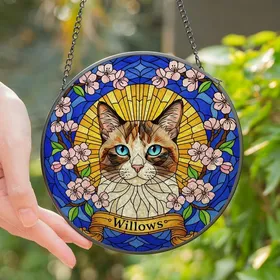 Cat Lovers' Vibrant Stained Glass Calico Cat Cherry Blossom Radiant Sun Swirl Mosaic Stained Glass Suncatcher