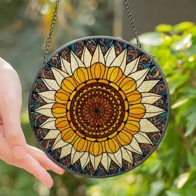 Nature Lovers' Detailed Stained Glass Radiant Sunflower Mosaic Golden Orange Amber Hues Stained Glass Suncatcher