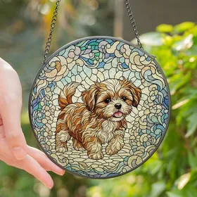 Dog Lovers' Tiffany Style Stained Glass Shih Tzu Puppy Amber Sky Blue Floral Cloud Mosaic Stained Glass Suncatcher