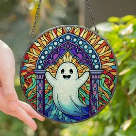 Whimsical Art Fans' Friendly Ghost Stained Glass Gothic Arch Jewel Tone Mosaic Stained Glass Suncatcher