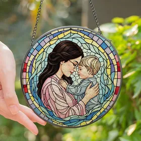 Mothers' Tiffany Stained Glass Mother Child Embrace Vibrant Jewel Tone Mosaic Pink Blue Green Stained Glass Suncatcher