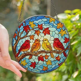 Nature Lovers' Edge-to-Edge Tiffany Stained Glass Songbirds Gnarled Branch Autumn Ruby Amber Emerald Blue Mosaic Stained Glass Suncatcher