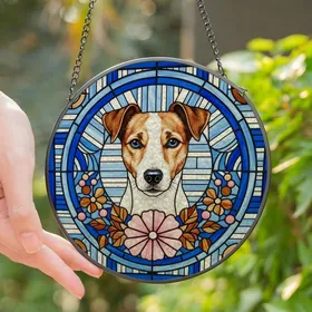 Jack Russell Terrier Lovers Tiffany Stained Glass Dog Portrait Pink Flower Blue Amber Mosaic Stained Glass Suncatcher