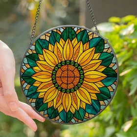 Nature Lovers' Vibrant Tiffany Stained Glass Sunflower Golden Yellow Orange Emerald Teal Mosaic Art Stained Glass Suncatcher
