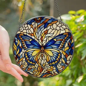 Women's Elegant Stained Glass Butterfly Mosaic in Jewel Tone Blues & Ambers Stained Glass Suncatcher