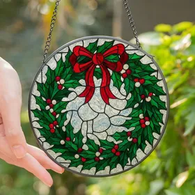 Holiday Season Enthusiasts' Tiffany Stained Glass Ruby Bow, Emerald Holly, Pearl Berries, Icy Winter Mosaic Stained Glass Suncatcher