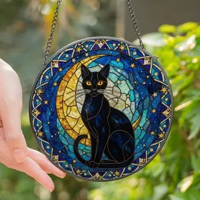 Cat Lovers' Tiffany Stained Glass Black Cat Golden Moon Celestial Indigo Teal Mosaic Stained Glass Suncatcher