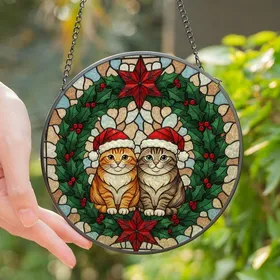 Cat Lovers' Festive Stained Glass Orange Tabby Cats Santa Hats Holly Wreath Design Stained Glass Suncatcher