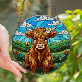 Cottagecore Art Lovers' Jewel-Toned Tiffany Stained Glass Baby Highland Cow & Wildflower Mosaic Stained Glass Suncatcher