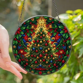 Holiday Celebrators' Tiffany Stained Glass Festive Christmas Tree Emerald Red Blue Golden Mosaic Stained Glass Suncatcher