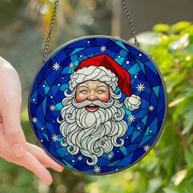 Christmas Enthusiasts' Tiffany Stained Glass Cheerful Santa Claus Jewel Tone Blue Indigo Night Sky Mosaic Stained Glass Suncatcher
