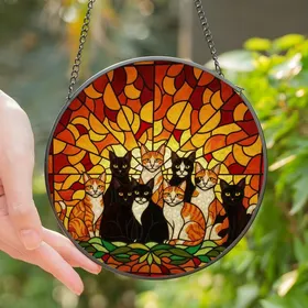 Cat Lovers' Radiant Stained Glass Nine Cats Tiffany Emerald Amber Geometric Edge-to-Edge Mosaic Stained Glass Suncatcher