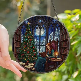 Book Lovers' Intricate Tiffany Stained Glass Gothic Library Winter Reading Scene Jewel Tones Stained Glass Suncatcher