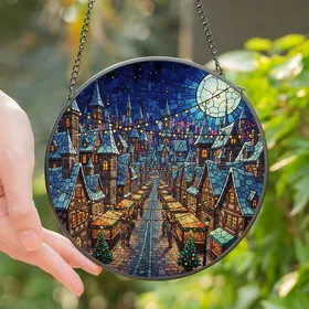 Holiday Decor Lovers' Vibrant Tiffany-Style Stained Glass European Winter Village Night Scene with Jewel Tones Stained Glass Suncatcher