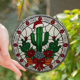 Festive Art Admirers' Detailed Jewel Tone Stained Glass Cactus Santa Hat Poinsettia Holiday Mosaic Stained Glass Suncatcher