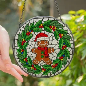 Holiday Enthusiast's Vibrant Tiffany Stained Glass Gingerbread Man, Santa Hat, Gumdrop Buttons, Festive Jewel Tone Mosaic Stained Glass Suncatcher