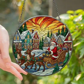Christmas Lovers' Stained Glass Tiffany Style Santa Sleigh Reindeer Christmas Village Mosaic Red Green Yellow Orange Stained Glass Suncatcher