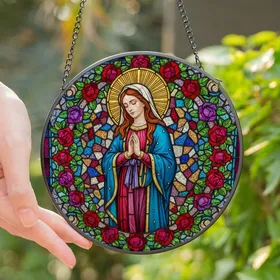Devotional Art Admirers' Radiant Tiffany Style Stained Glass Virgin Mary Blue Red Rose Mosaic Stained Glass Suncatcher