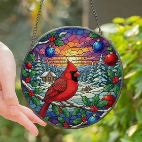 Winter Art Lovers' Ruby Red Cardinal Stained Glass Holly Cabin Jewel Tone Mosaic Stained Glass Suncatcher