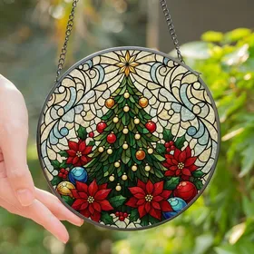 Holiday Enthusiasts' Intricate Stained Glass Tiffany Style Christmas Tree with Jewel-Tone Poinsettias & Holly Mosaic Stained Glass Suncatcher