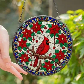 Nature Lovers' Vibrant Stained Glass Cardinal Poinsettia Jewel Tone Mosaic Stained Glass Suncatcher