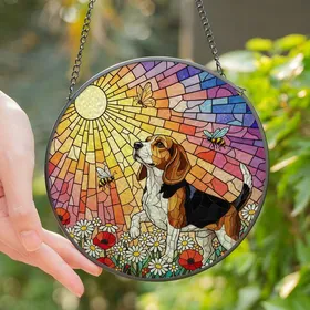 Beagle Lovers' Tri-Color Beagle Tiffany Stained Glass Floral Sunset Mosaic Art Stained Glass Suncatcher