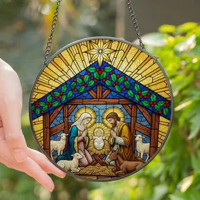 Festive Season Art Lovers' Tiffany Style Stained Glass Nativity Jewel Tone Mosaic Stained Glass Suncatcher