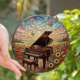 Art & Music Lovers' Tiffany Style Stained Glass Grand Piano Floral Mosaic Fields & Pastel Skies Stained Glass Suncatcher