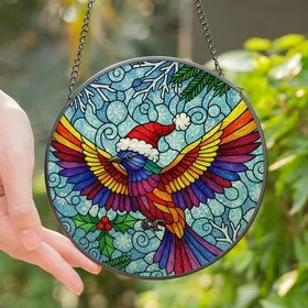 Holiday Art Lovers' Vibrant Jewel Tone Stained Glass Bird, Santa Hat Holly Snowflake Mosaic Stained Glass Suncatcher