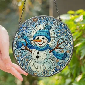 Winter Lovers' Stained Glass Snowman Mosaic with Luminous Jewel Tones & Intricate Frost Patterns Stained Glass Suncatcher