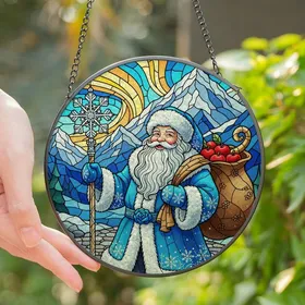 Holiday Art Enthusiasts' Tiffany Style Stained Glass Santa Snowy Mountain Aurora Mosaic Stained Glass Suncatcher