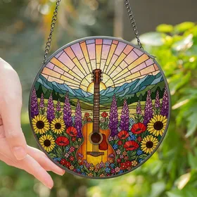 Nature Lovers' Tiffany Style Stained Glass Acoustic Guitar Wildflower Meadow Jewel Tone Sunset Stained Glass Suncatcher
