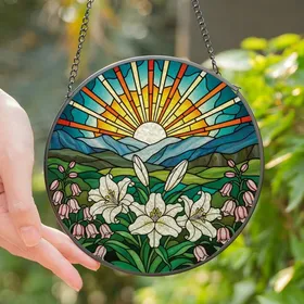 Nature Lovers' Tiffany Stained Glass White Easter Lily Sunrise Mountain Jewel Tone Mosaic Stained Glass Suncatcher