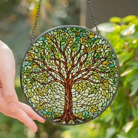 Nature Lovers' Tiffany Stained Glass Tree of Life Intricate Edge-to-Edge Green Amber Gold Mosaic Stained Glass Suncatcher