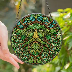 Nature Lovers' Intricate Stained Glass Green Man Foliage Mosaic with Emerald Green & Teal Jewel Tones Stained Glass Suncatcher