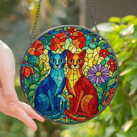 Cat Lovers' Vibrant Tiffany Stained Glass Mosaic Cats Floral Jewel Tone Stained Glass Suncatcher