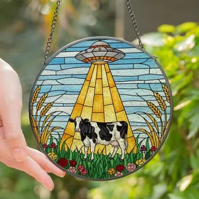 Nature & Sci-Fi Art Lovers' Stained Glass Holstein Cow UFO Abduction Vivid Tiffany Style Mosaic Stained Glass Suncatcher