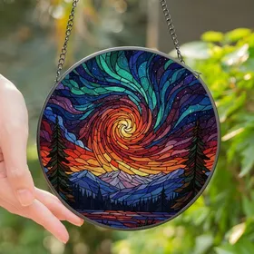 Nature Lovers' Tiffany Stained Glass Celestial Aurora Pine Tree Mountain Mosaic Deep Blue Orange Purple Jewel Tones Stained Glass Suncatcher