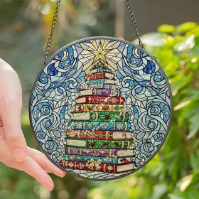 Christmas Lovers' Vibrant Jewel Tone Stained Glass Book Tree Mosaic with Golden Star & Snow Swirls Stained Glass Suncatcher