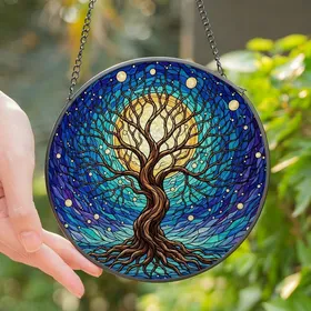 Nature Lovers' Vibrant Stained Glass Tree of Life Cosmic Deep Blue Purple Jewel Tone Mosaic Stained Glass Suncatcher