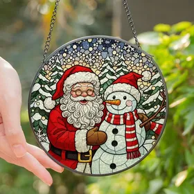 Holiday Enthusiasts' Cheerful Santa Snowman Hug Vibrant Jewel Tone Stained Glass Mosaic Stained Glass Suncatcher
