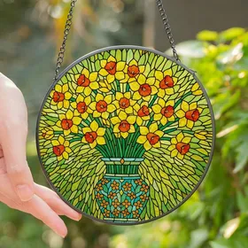 Nature Lovers' Vibrant Tiffany Stained Glass Daffodils, Ornate Mosaic Art Stained Glass Suncatcher