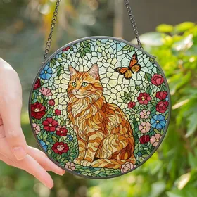 Cat Lovers' Fluffy Orange Tabby Stained Glass Art Vibrant Garden Floral Jewel Tone Mosaic Stained Glass Suncatcher