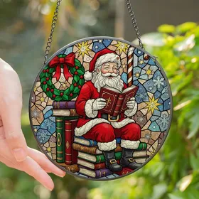 Christmas Enthusiasts' Intricate Tiffany Stained Glass Jolly Santa Reading Book Red Green Purple Stained Glass Suncatcher