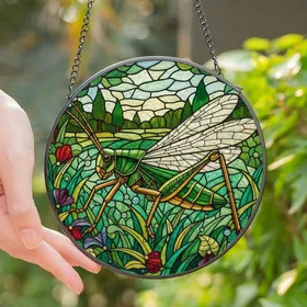 Nature Lovers' Stained Glass Grasshopper Tiffany Style Jewel Tone Mosaic Design Stained Glass Suncatcher