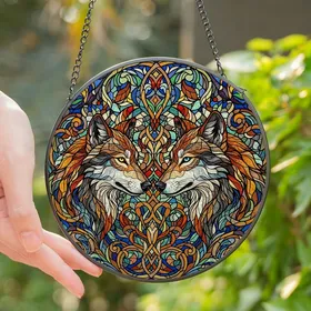 Wildlife Enthusiasts' Intricate Stained Glass Wolves Nuzzling Mosaic Jewel Tones Abstract Foliage Stained Glass Suncatcher
