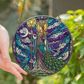 Goddess Art Fans' Tiffany Stained Glass Royal Purple Teal Gold Majestic Woman Peacock Mosaic Stained Glass Suncatcher